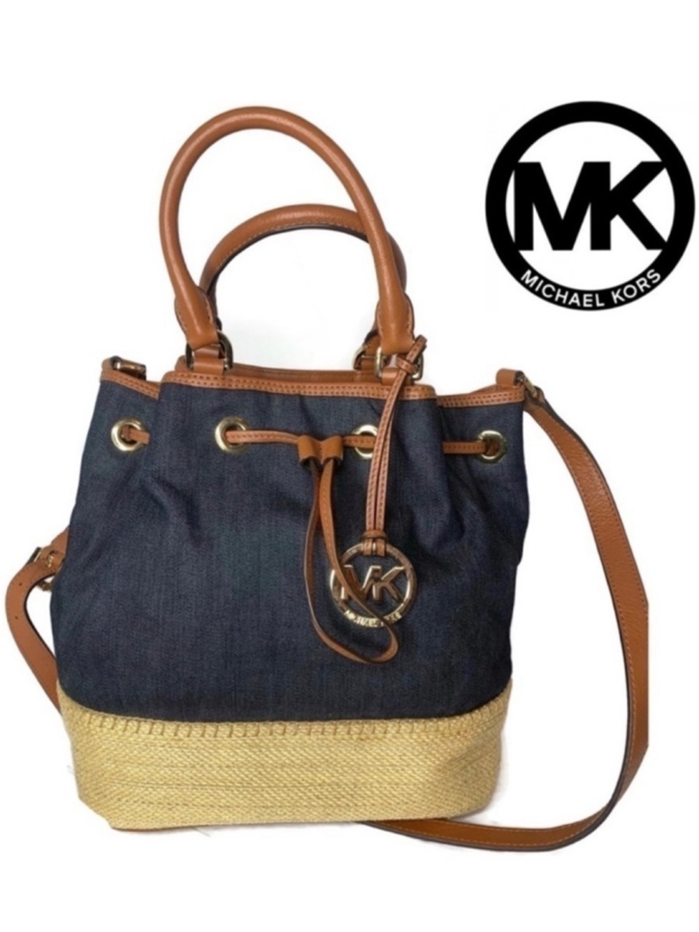 Michael Kors MK Y2K Denim Jean Straw Drawstring Bag